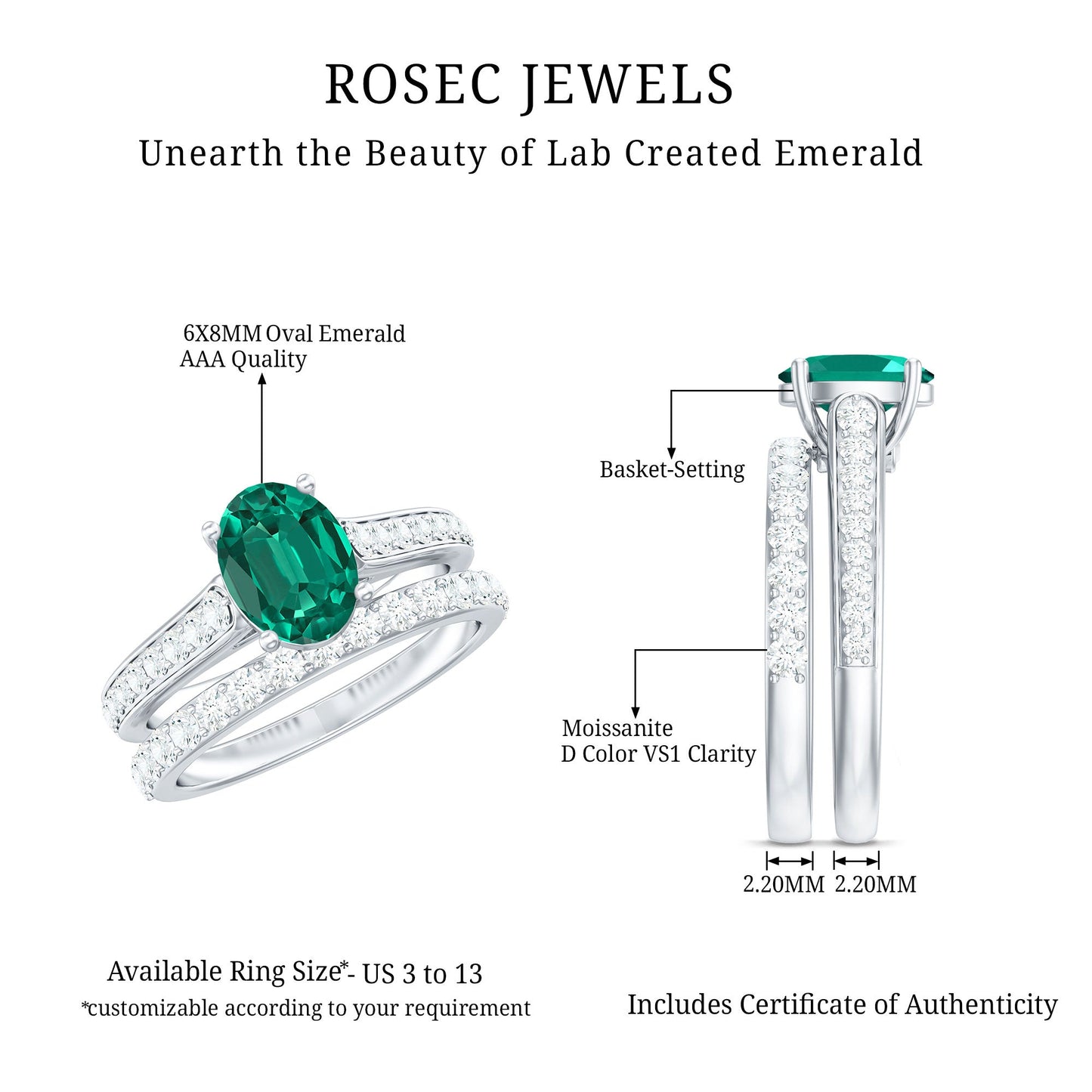 Certified Oval Lab Grown Emerald Wedding Bridal Ring Set of 2