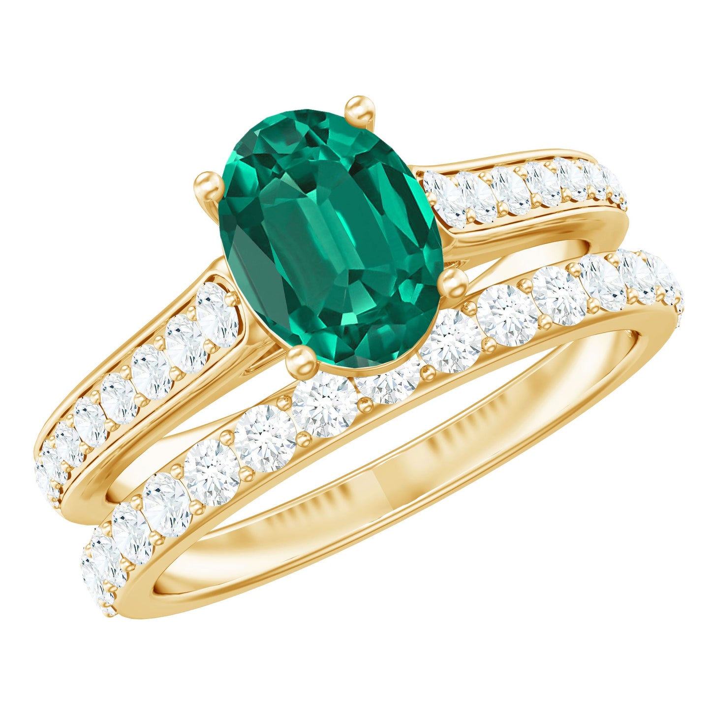 Certified Oval Lab Grown Emerald Wedding Bridal Ring Set of 2