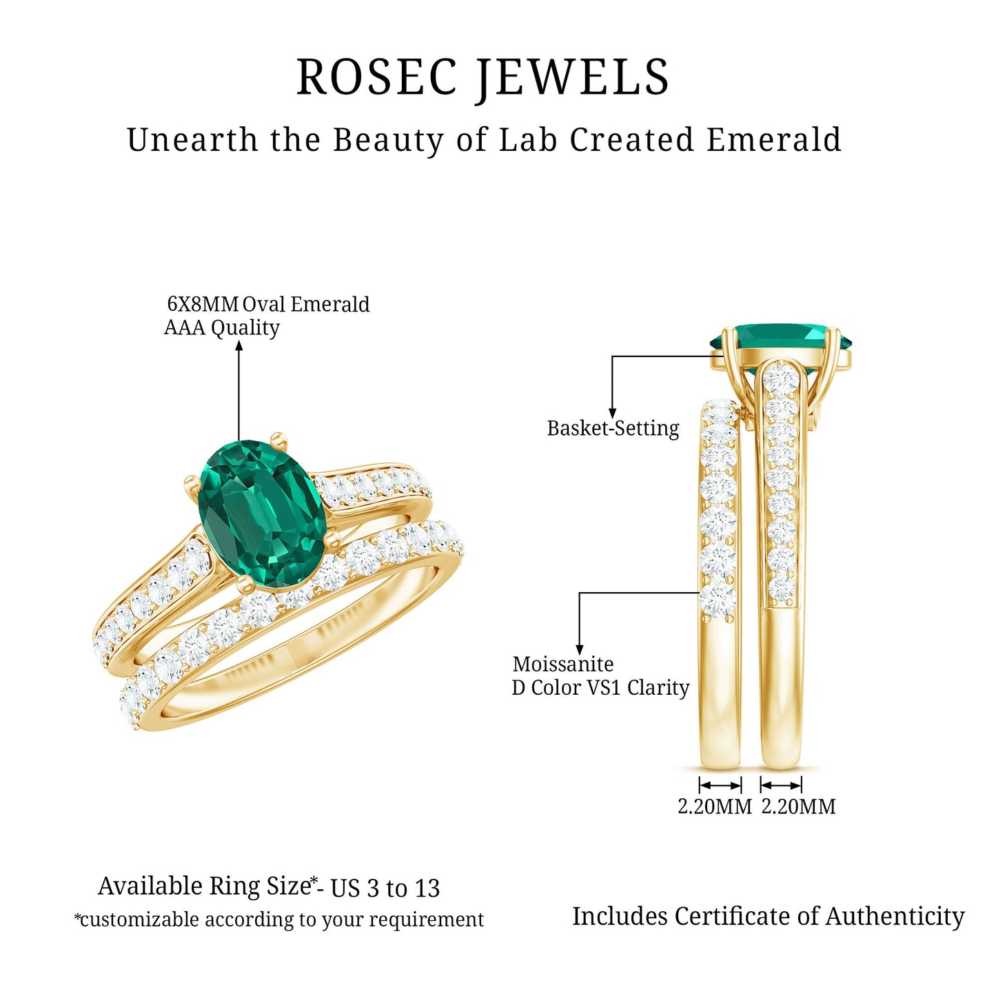 Certified Oval Lab Grown Emerald Wedding Bridal Ring Set of 2