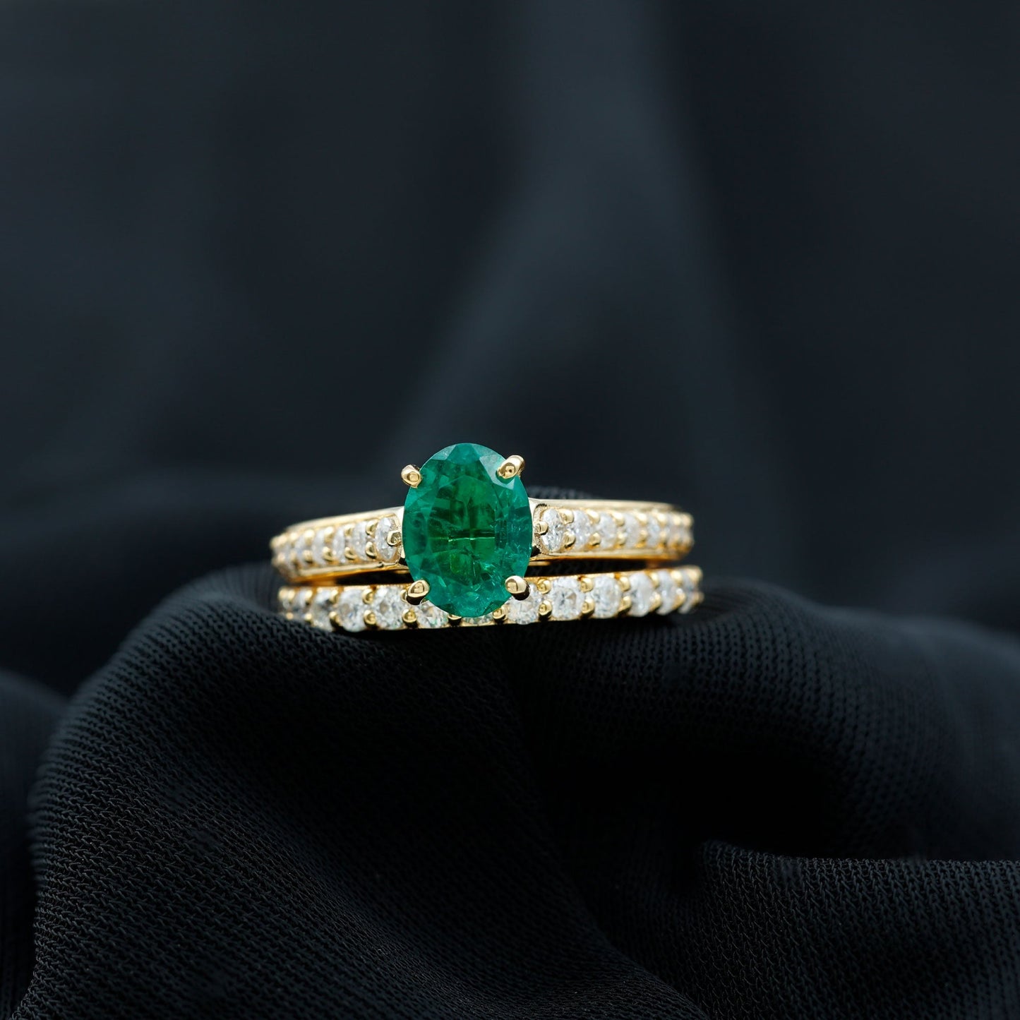 Certified Oval Lab Grown Emerald Wedding Bridal Ring Set of 2