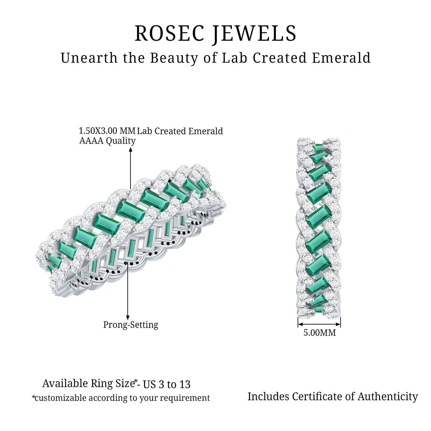 Braided Lab Grown Emerald Wedding Band with Moissanite