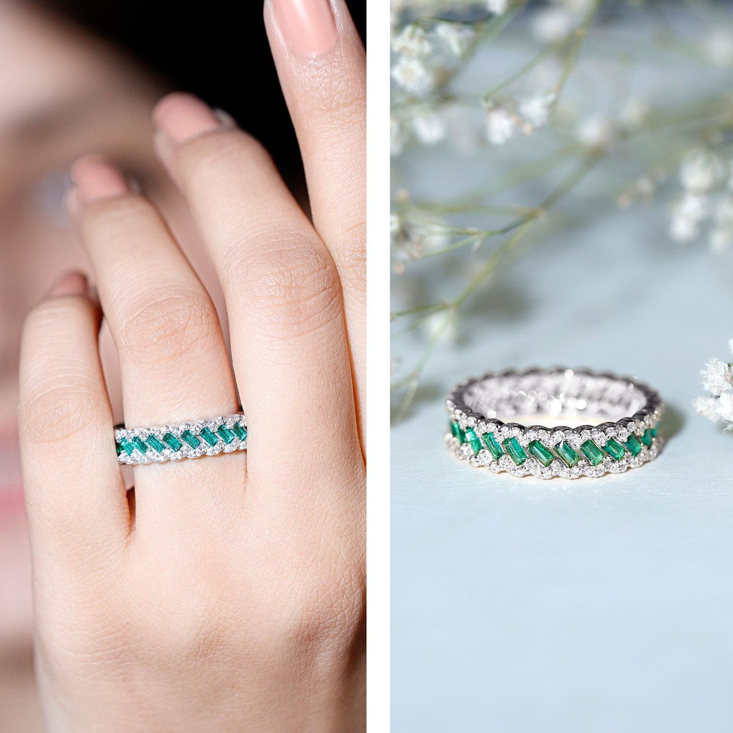 Braided Lab Grown Emerald Wedding Band with Moissanite