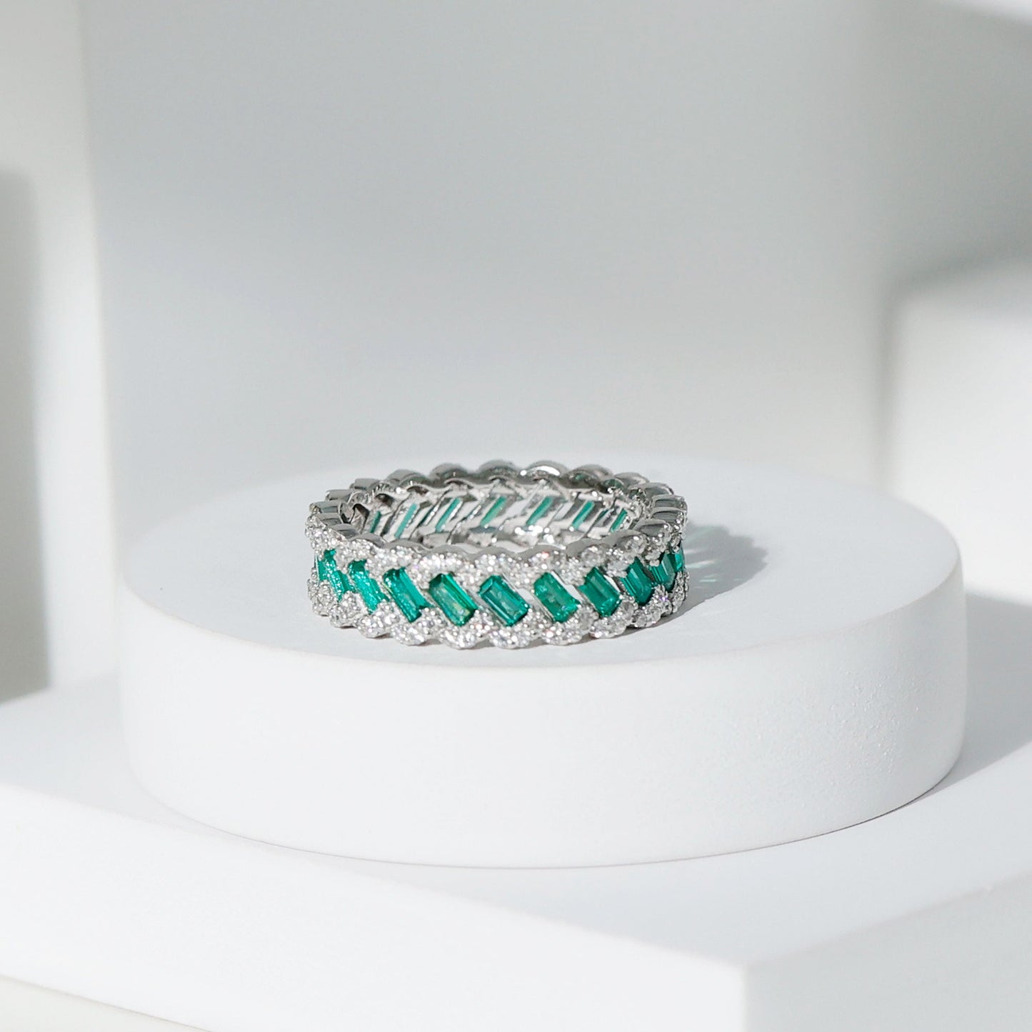 Braided Lab Grown Emerald Wedding Band with Moissanite