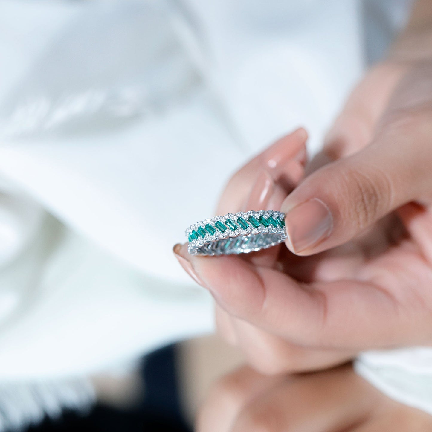 Braided Lab Grown Emerald Wedding Band with Moissanite