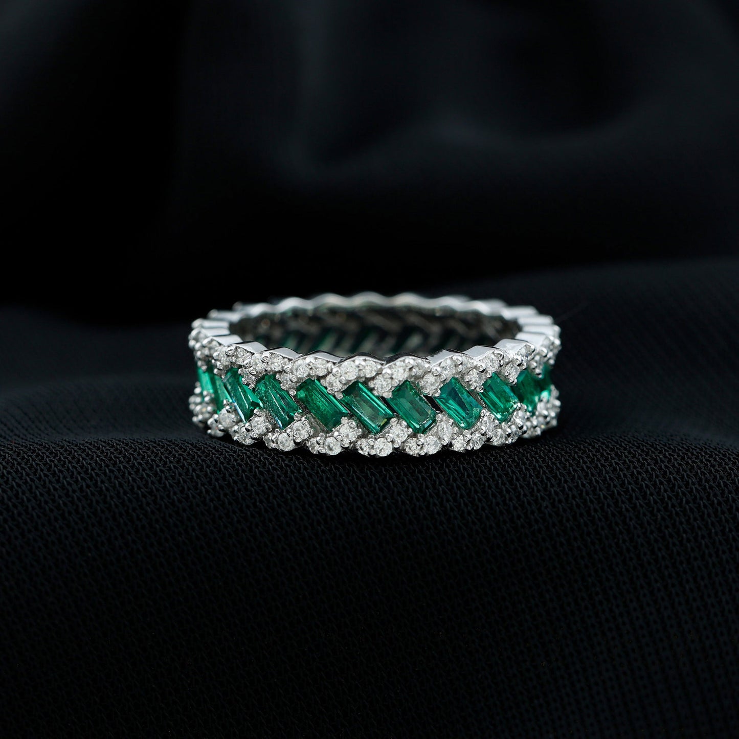 Braided Lab Grown Emerald Wedding Band with Moissanite