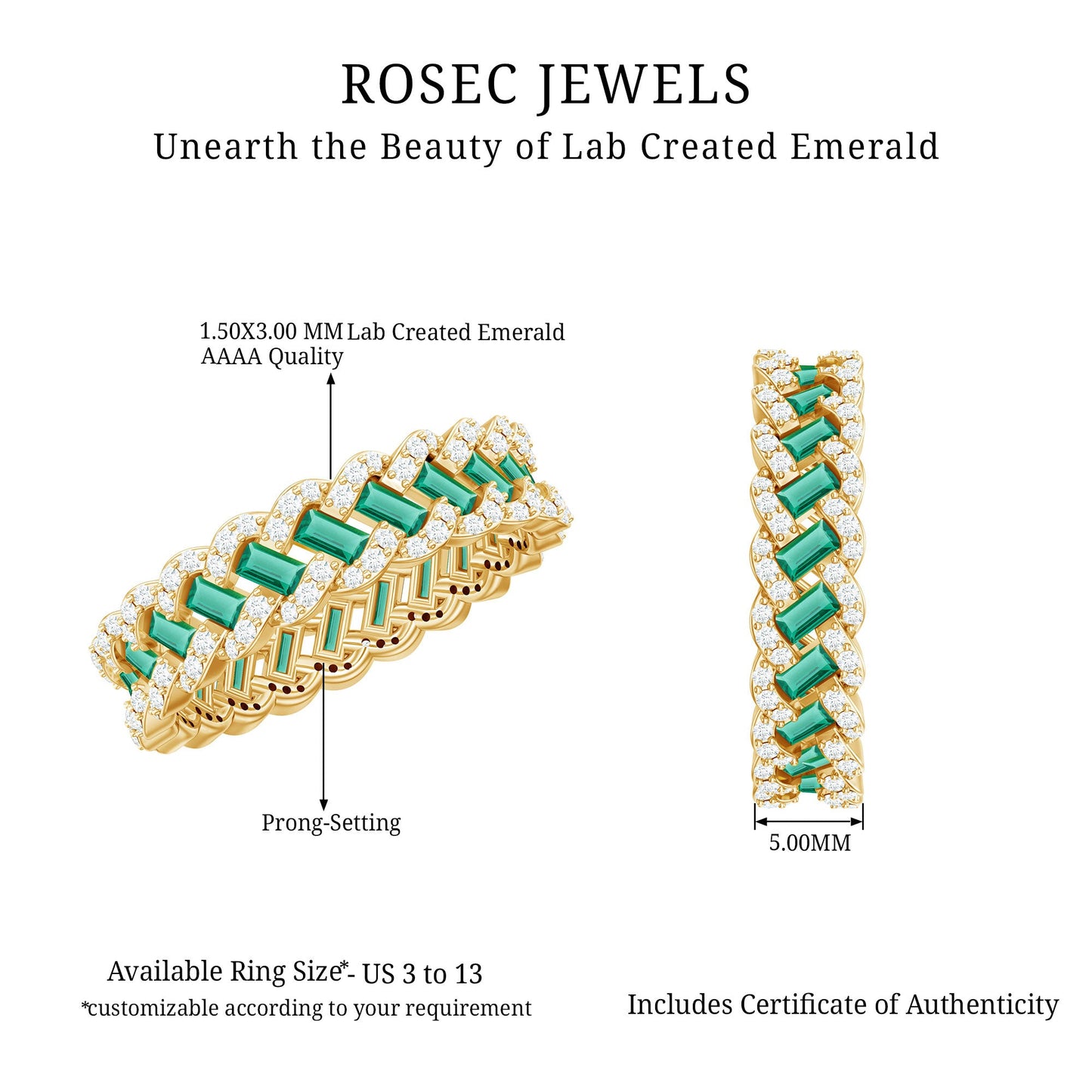 Braided Lab Grown Emerald Wedding Band with Moissanite