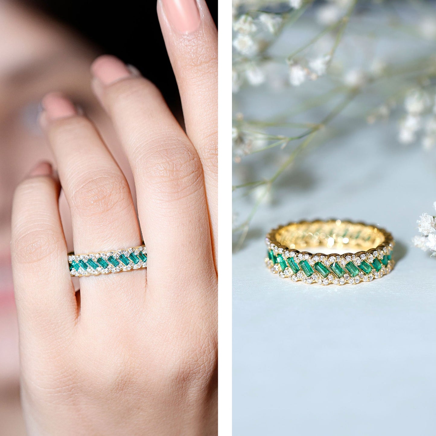 Braided Lab Grown Emerald Wedding Band with Moissanite