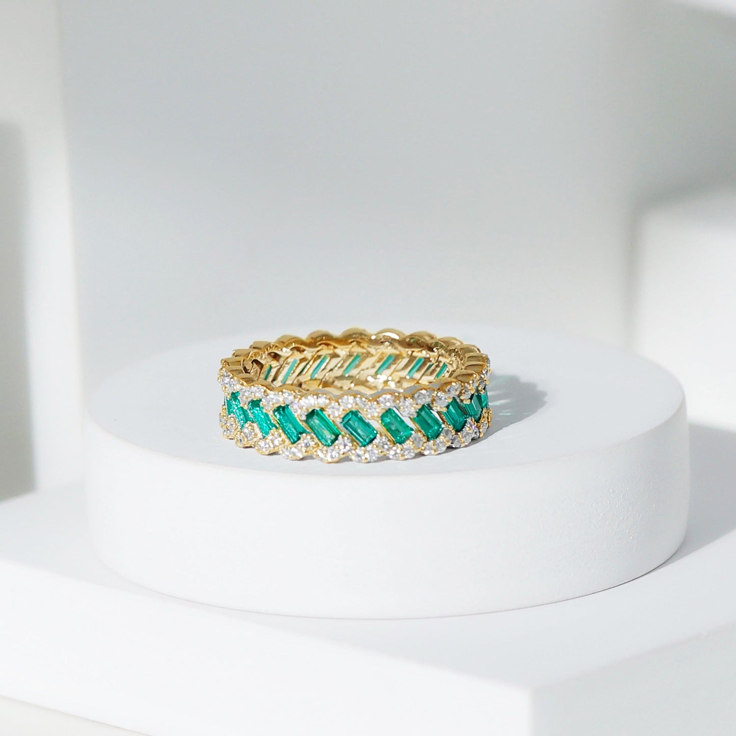 Braided Lab Grown Emerald Wedding Band with Moissanite