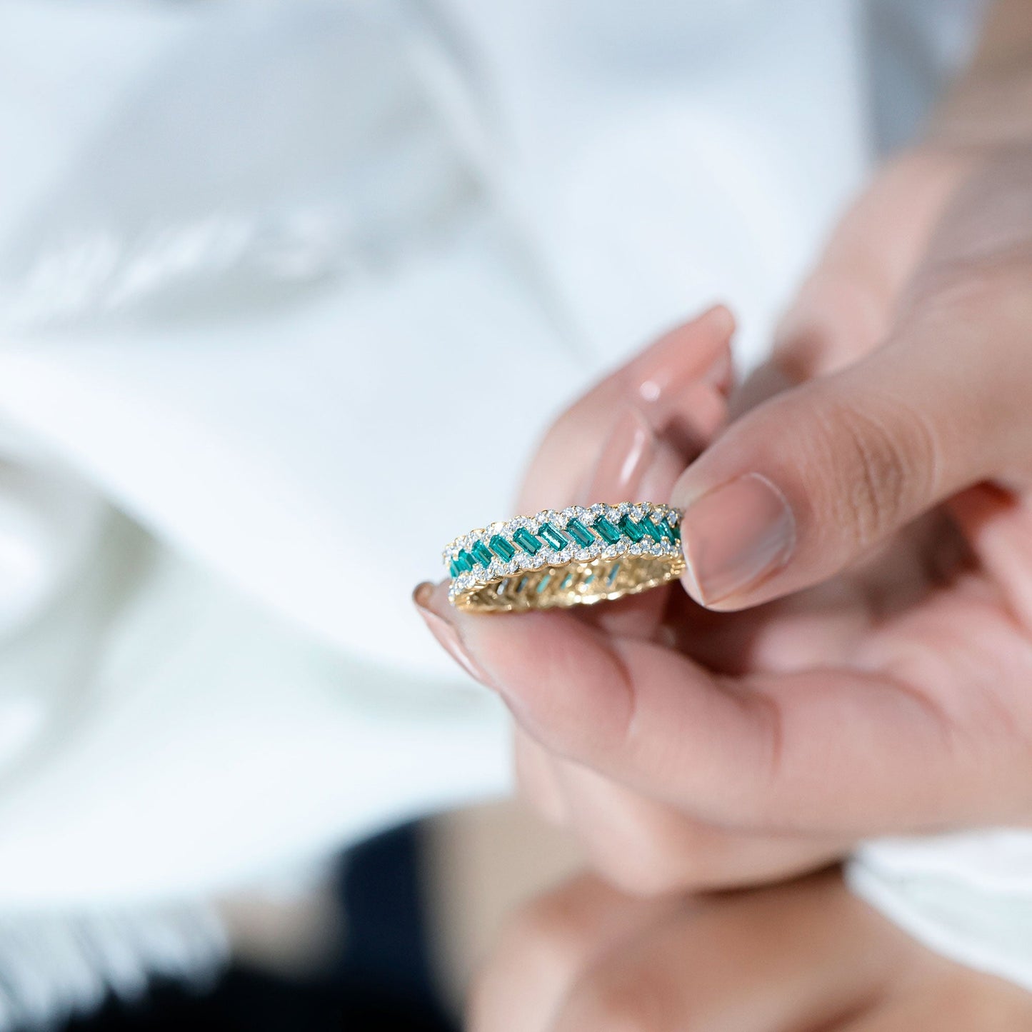 Braided Lab Grown Emerald Wedding Band with Moissanite