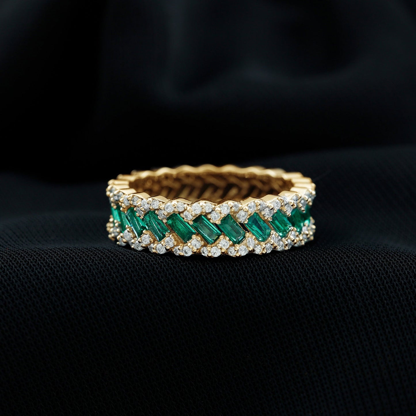 Braided Lab Grown Emerald Wedding Band with Moissanite