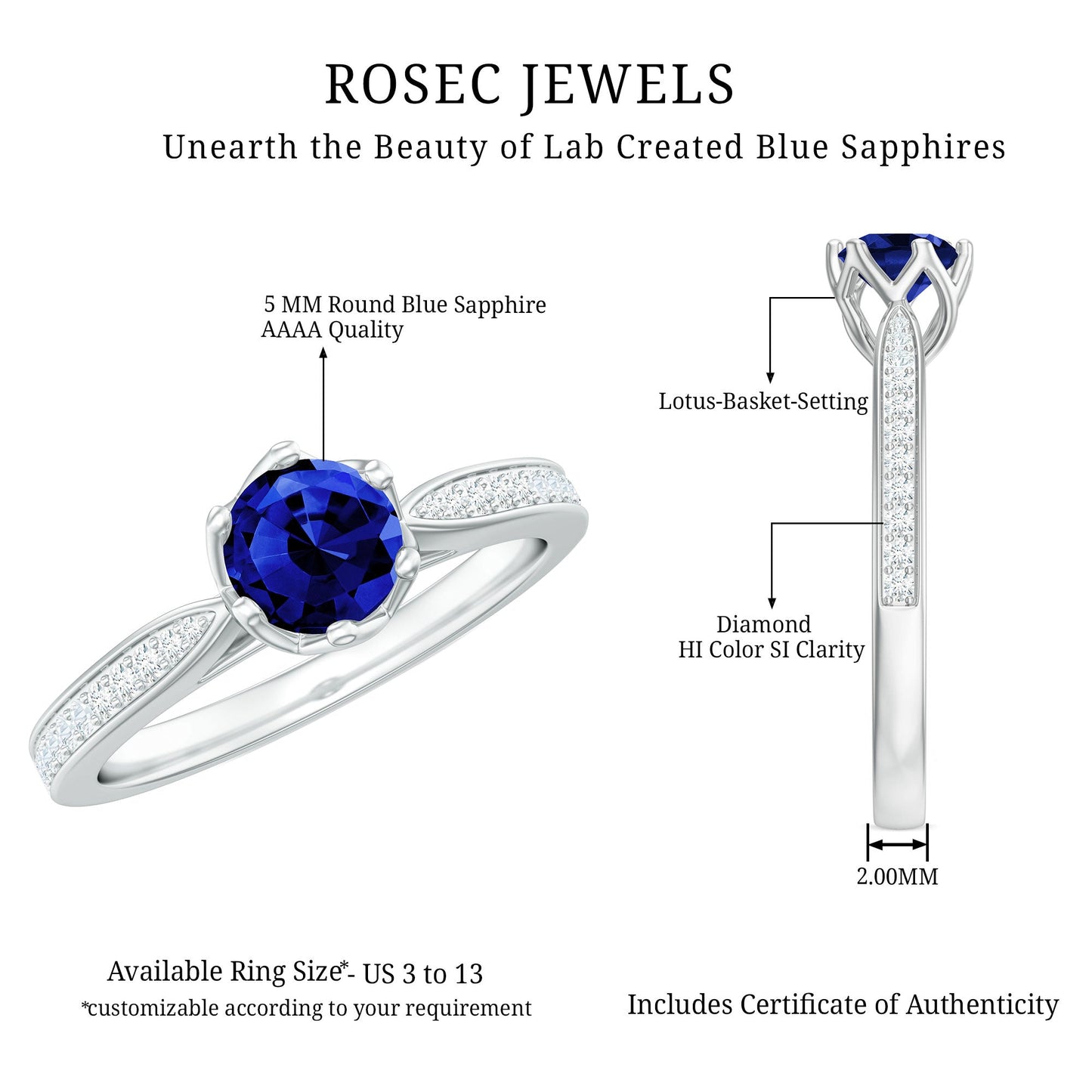 Certified Lab Created Blue Sapphire Minimal Engagement Ring with Diamond Side Stones