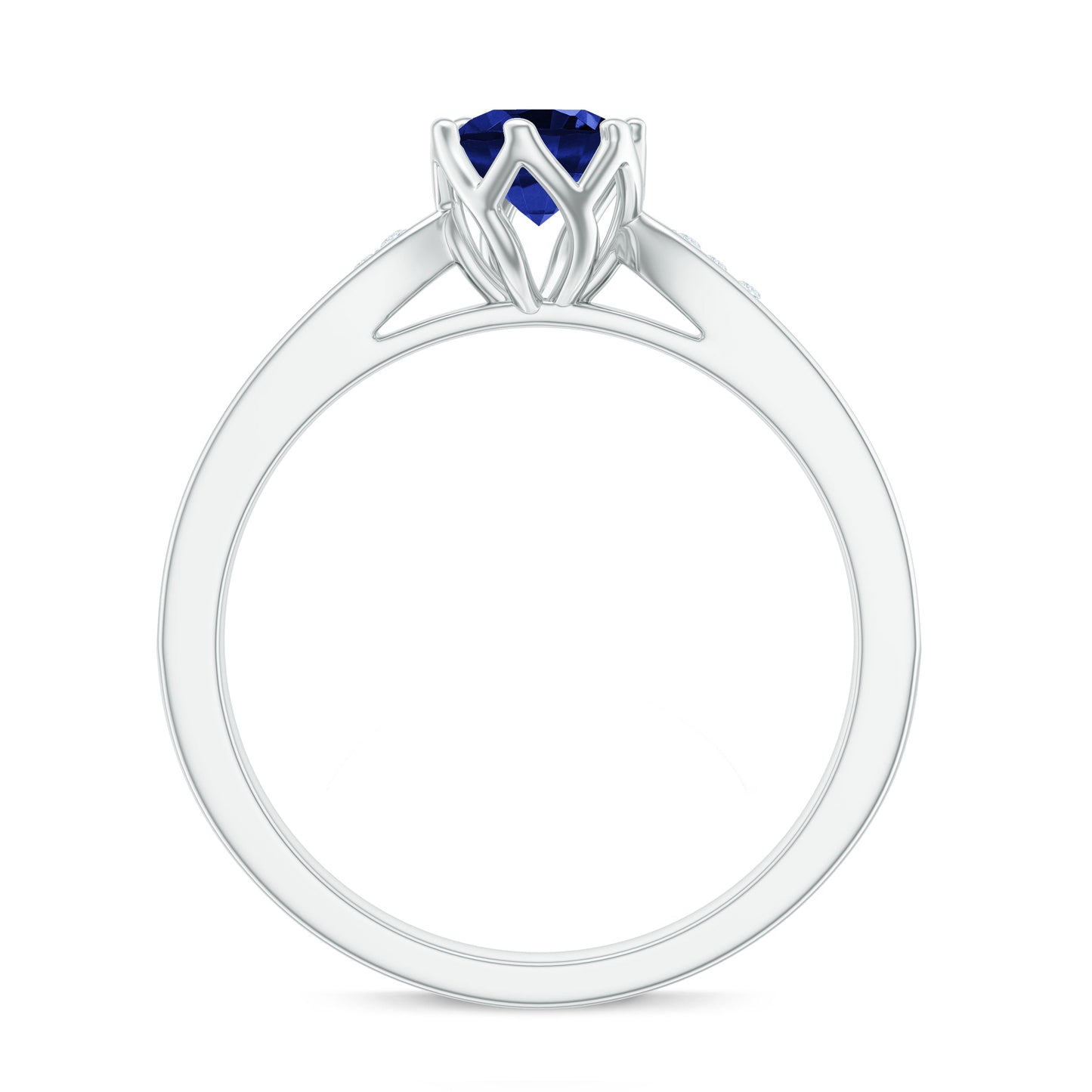 Certified Lab Created Blue Sapphire Minimal Engagement Ring with Diamond Side Stones