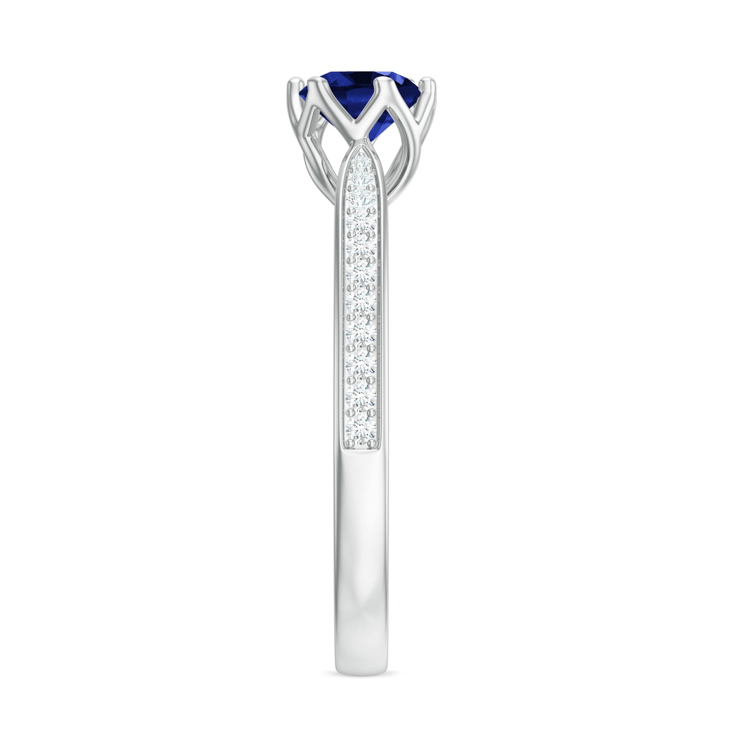 Certified Lab Created Blue Sapphire Minimal Engagement Ring with Diamond Side Stones