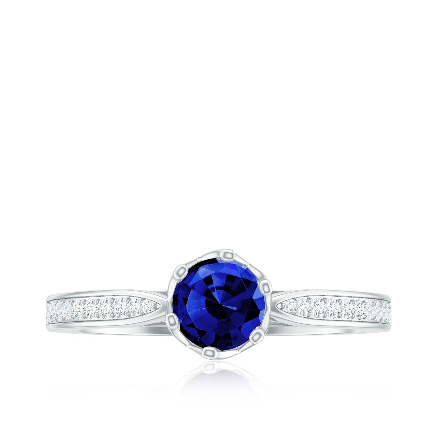 Certified Lab Created Blue Sapphire Minimal Engagement Ring with Diamond Side Stones