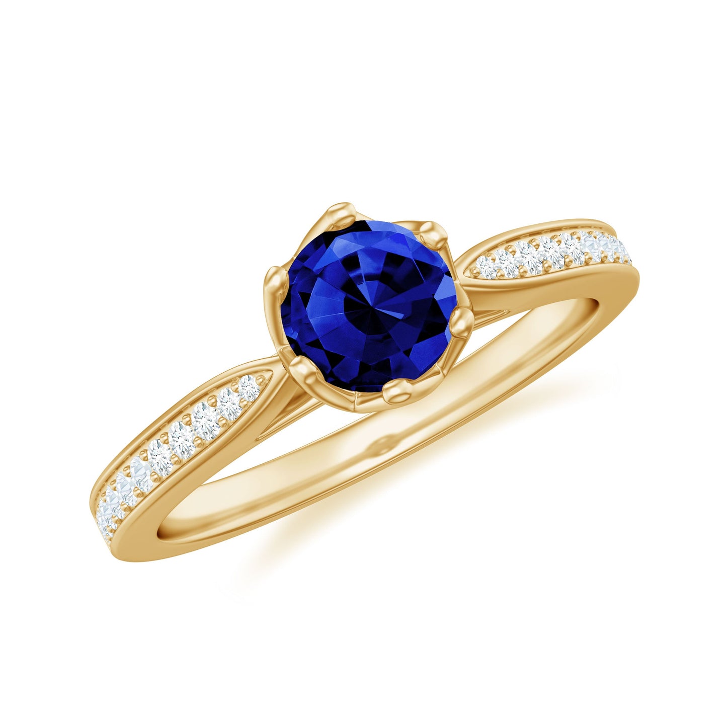 Certified Lab Created Blue Sapphire Minimal Engagement Ring with Diamond Side Stones