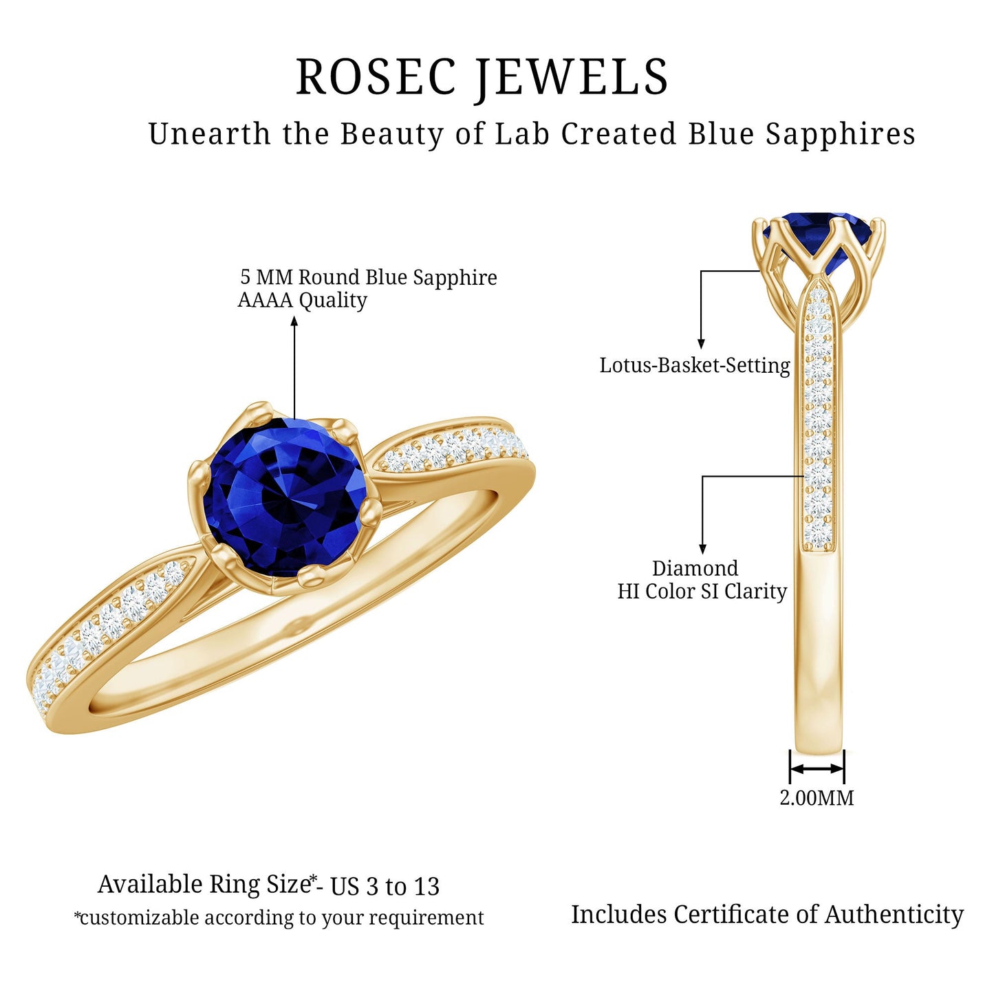 Certified Lab Created Blue Sapphire Minimal Engagement Ring with Diamond Side Stones