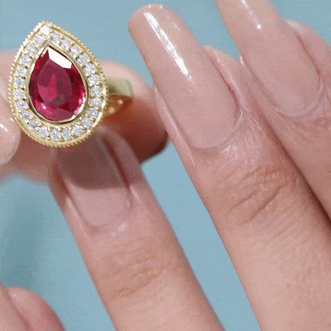2 CT Pear Cut Created Ruby Solitaire Engagement Ring with Diamond Halo