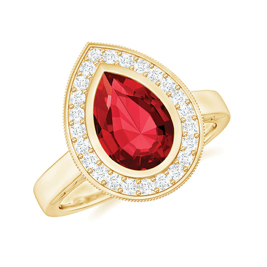 2 CT Pear Cut Created Ruby Solitaire Engagement Ring with Diamond Halo