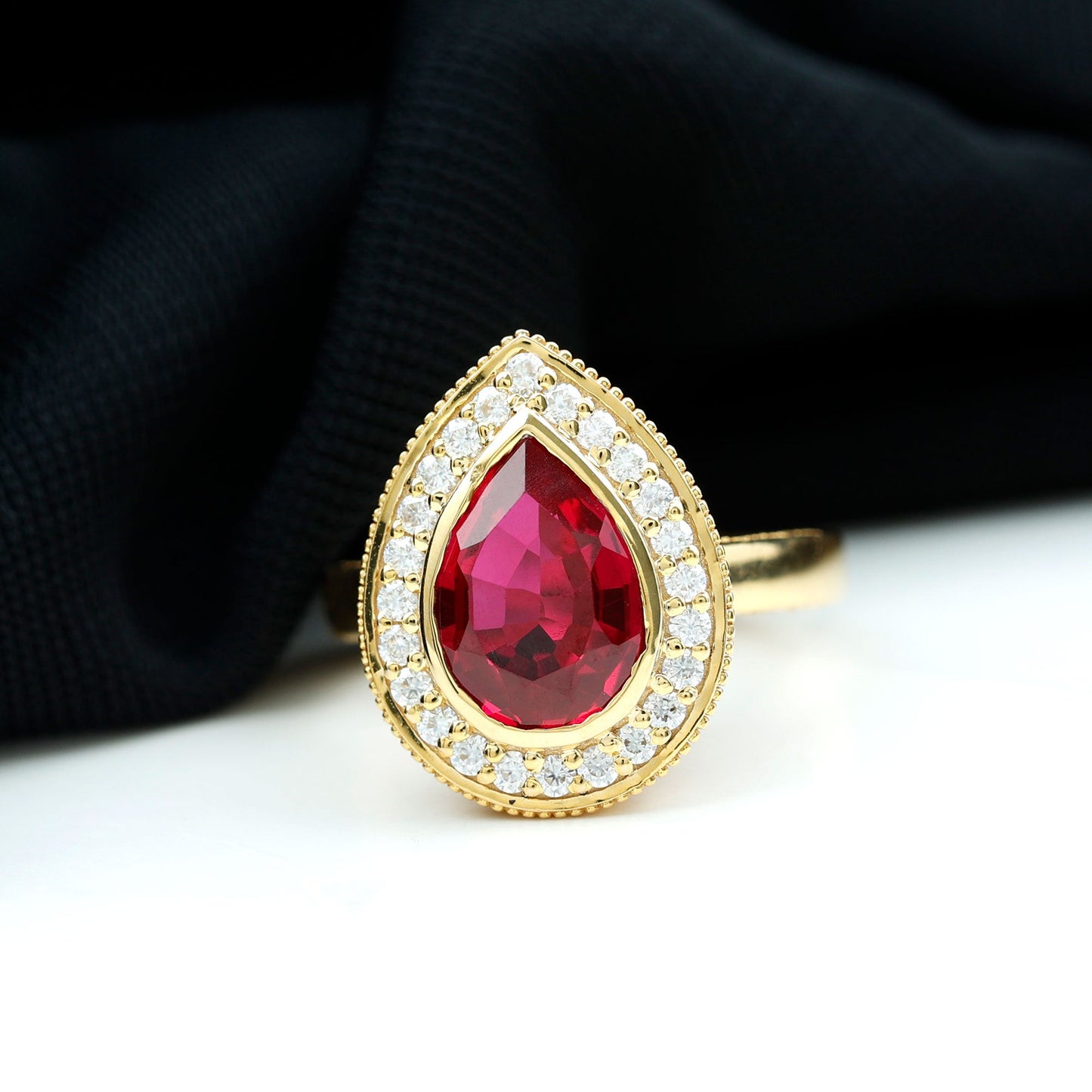 2 CT Pear Cut Created Ruby Solitaire Engagement Ring with Diamond Halo