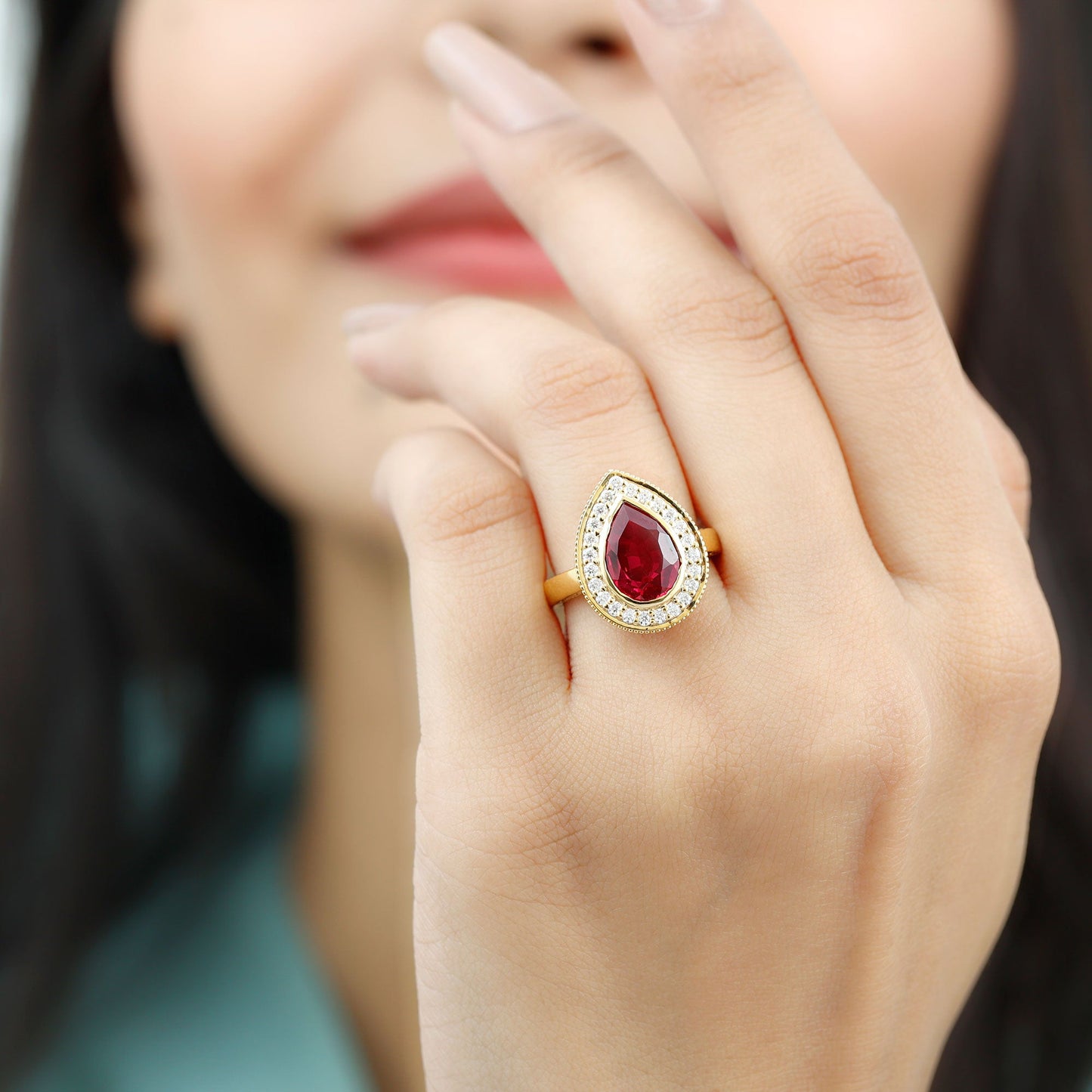 2 CT Pear Cut Created Ruby Solitaire Engagement Ring with Diamond Halo