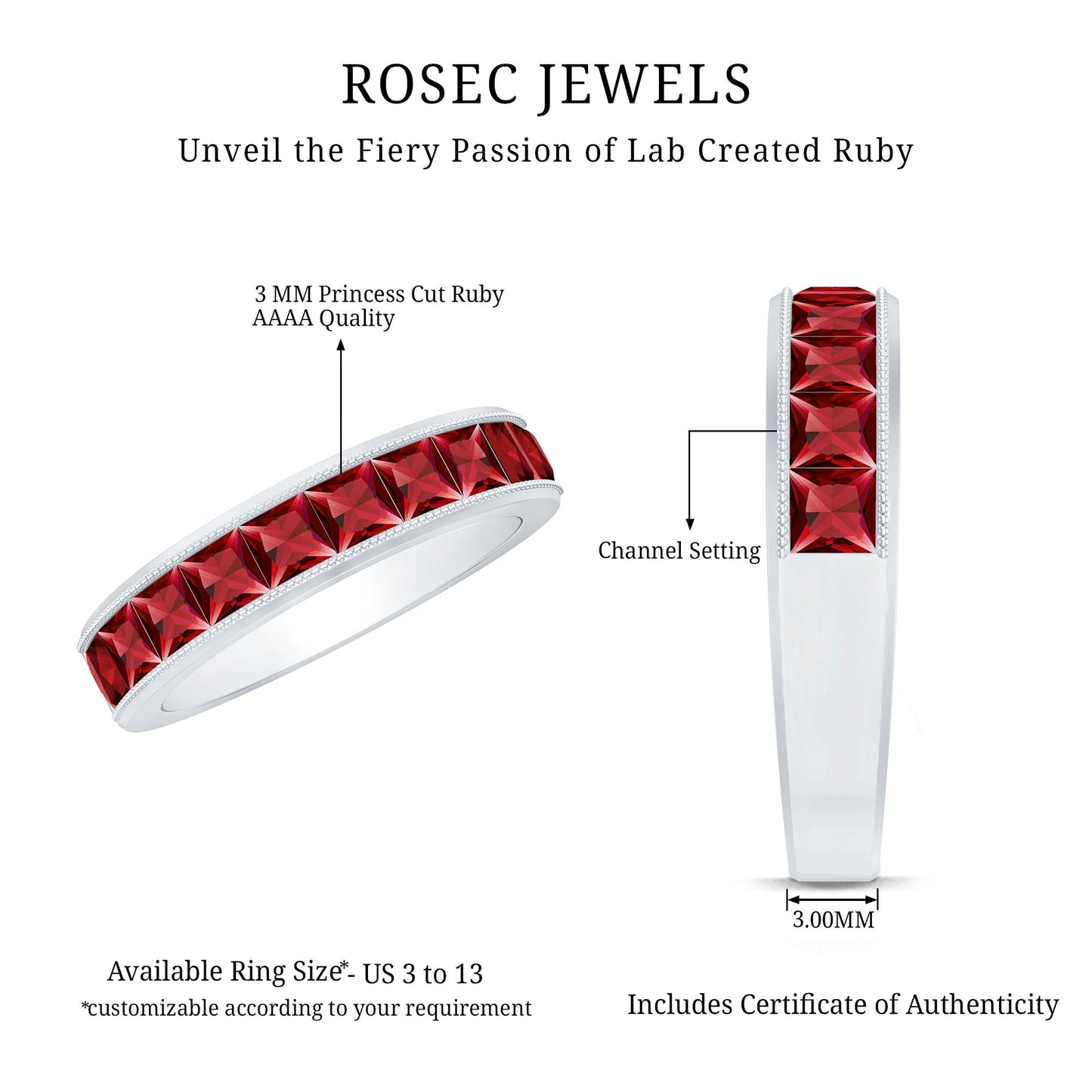 Channel Set Lab Grown Ruby Princess Cut Eternity Band with Milgrain