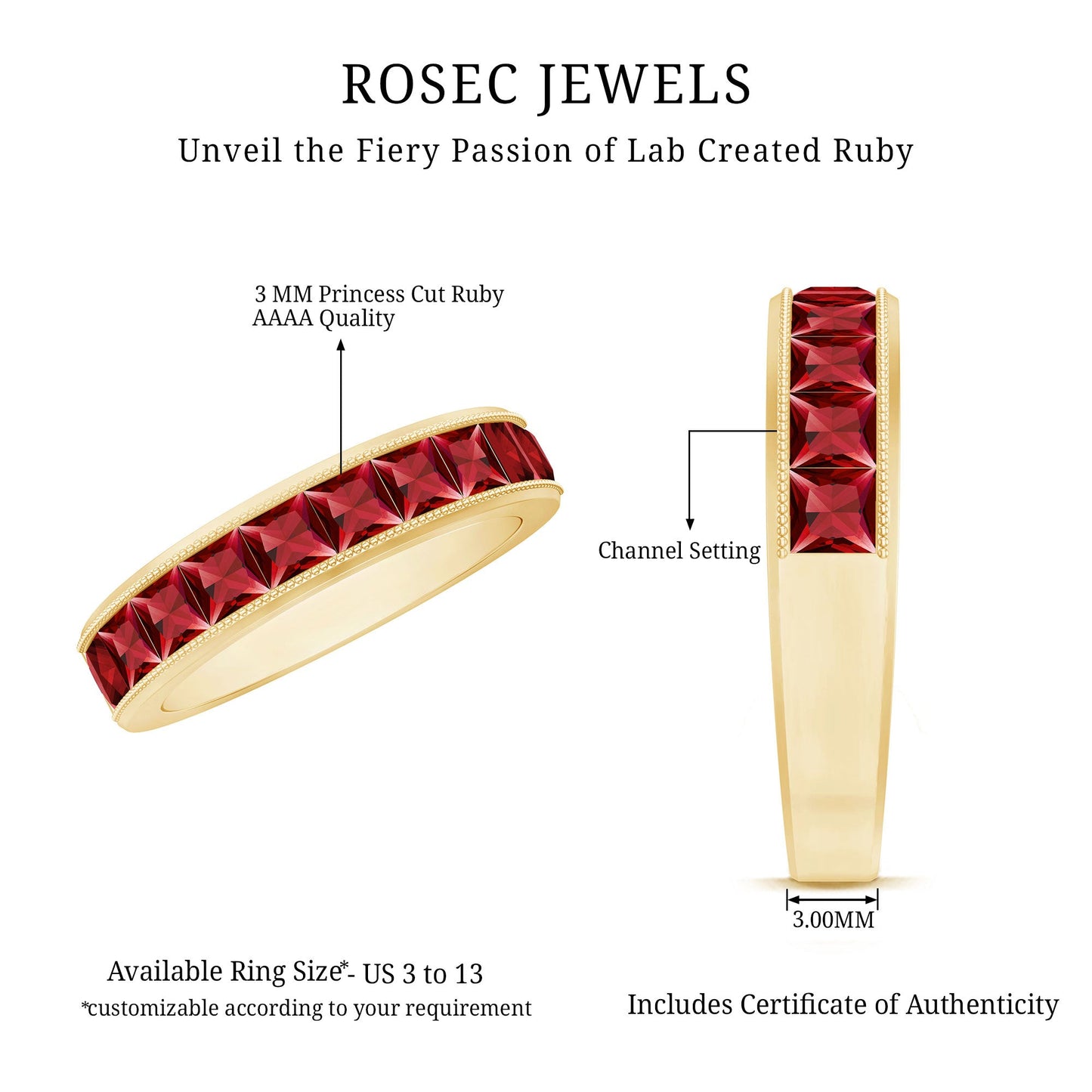 Channel Set Lab Grown Ruby Princess Cut Eternity Band with Milgrain