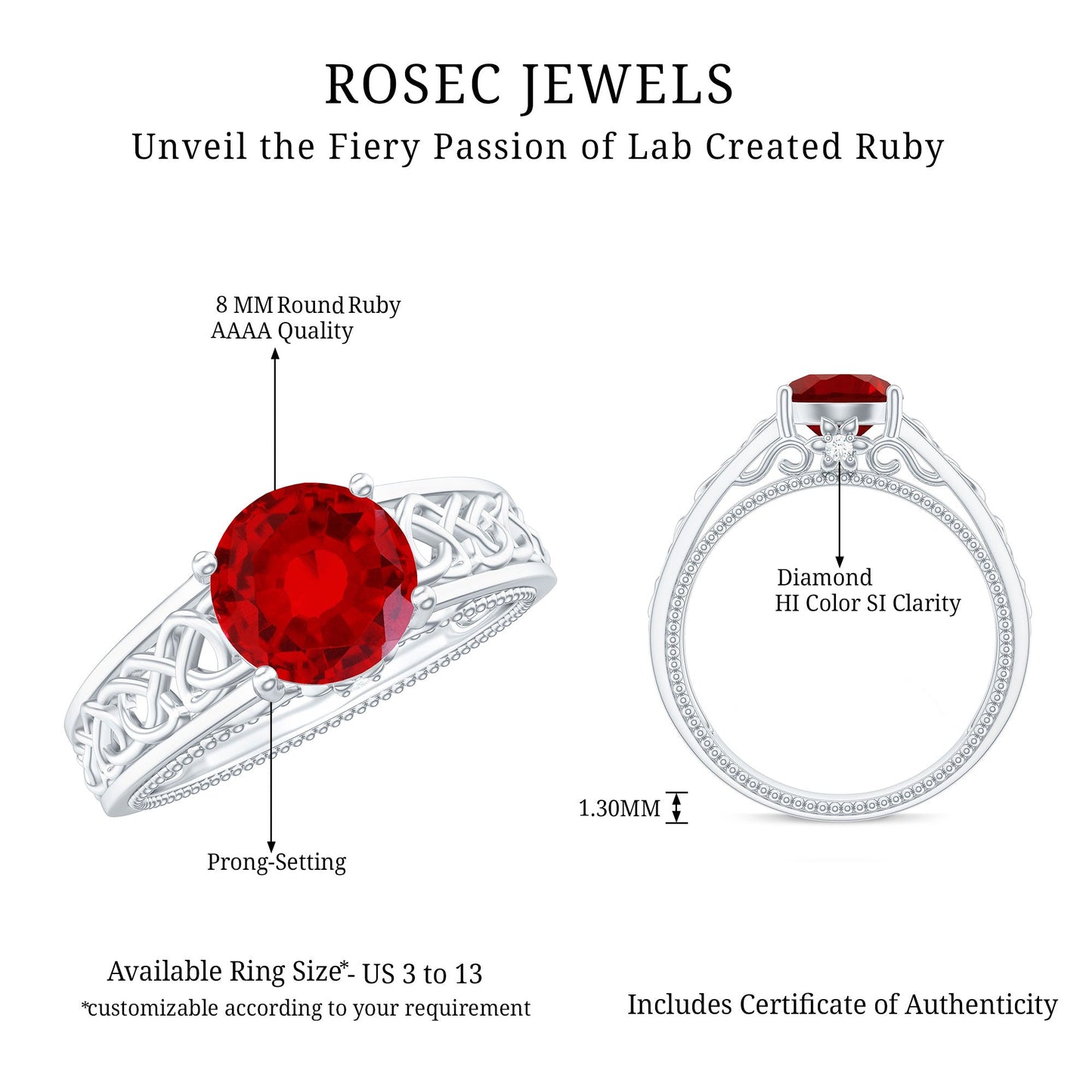 Vintage Style Created Ruby Celtic Knot Band Ring with Surprise Diamond
