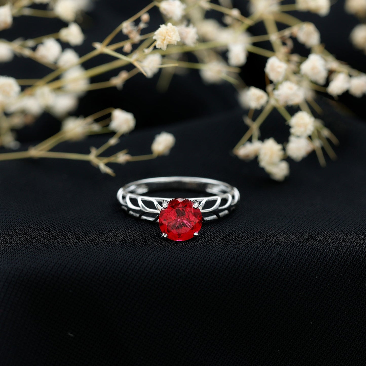 7 MM Lab Created Ruby Solitaire Gold Filigree Ring