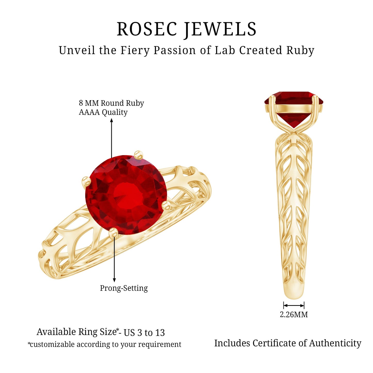 7 MM Lab Created Ruby Solitaire Gold Filigree Ring