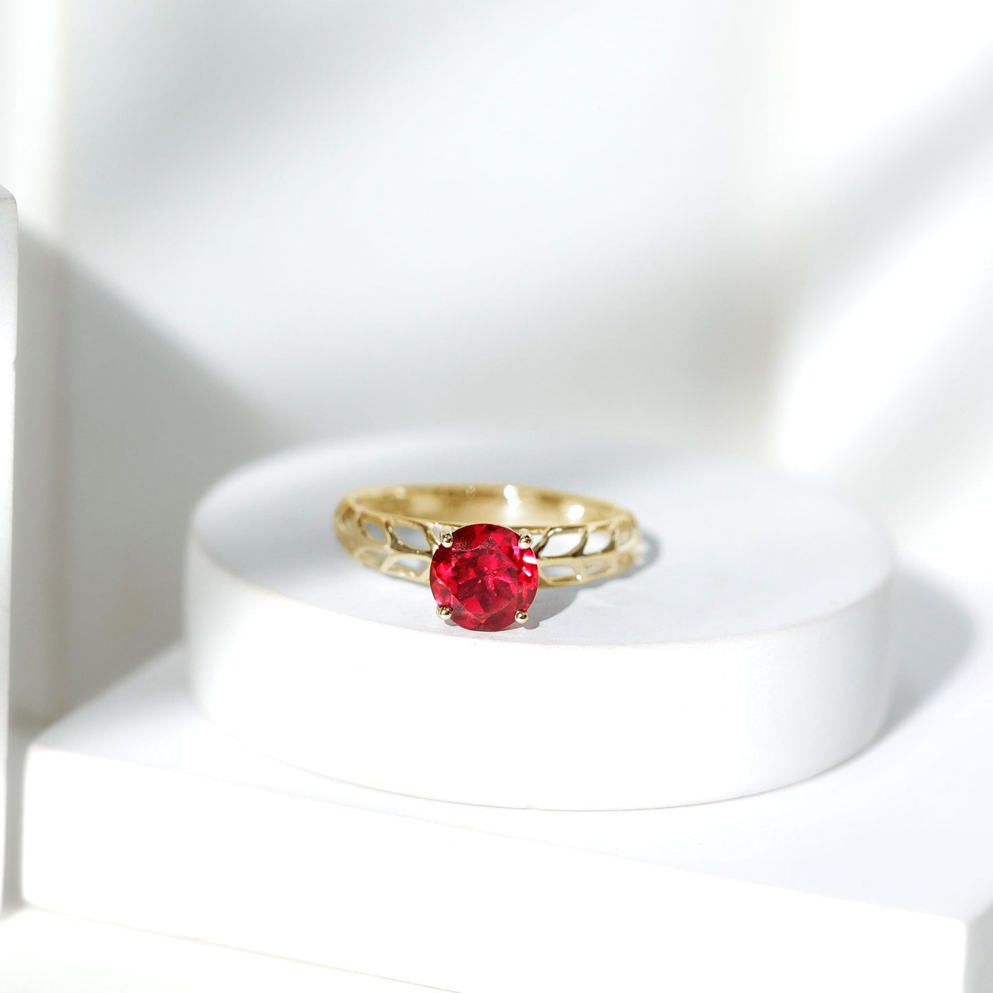 7 MM Lab Created Ruby Solitaire Gold Filigree Ring