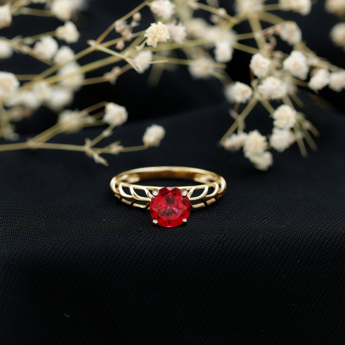 7 MM Lab Created Ruby Solitaire Gold Filigree Ring