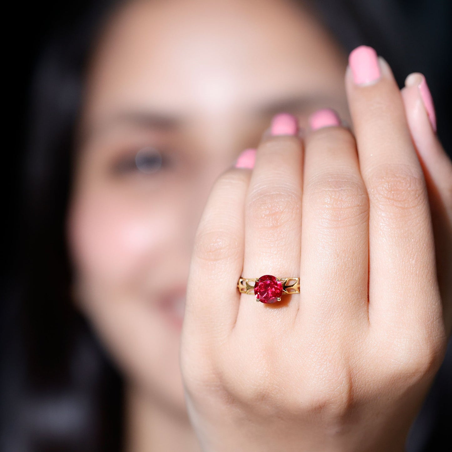 7 MM Lab Created Ruby Solitaire Gold Filigree Ring