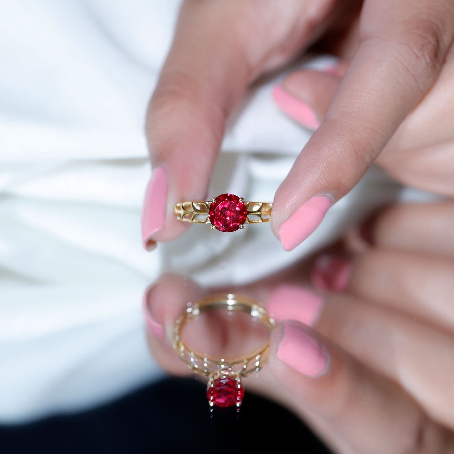 7 MM Lab Created Ruby Solitaire Gold Filigree Ring