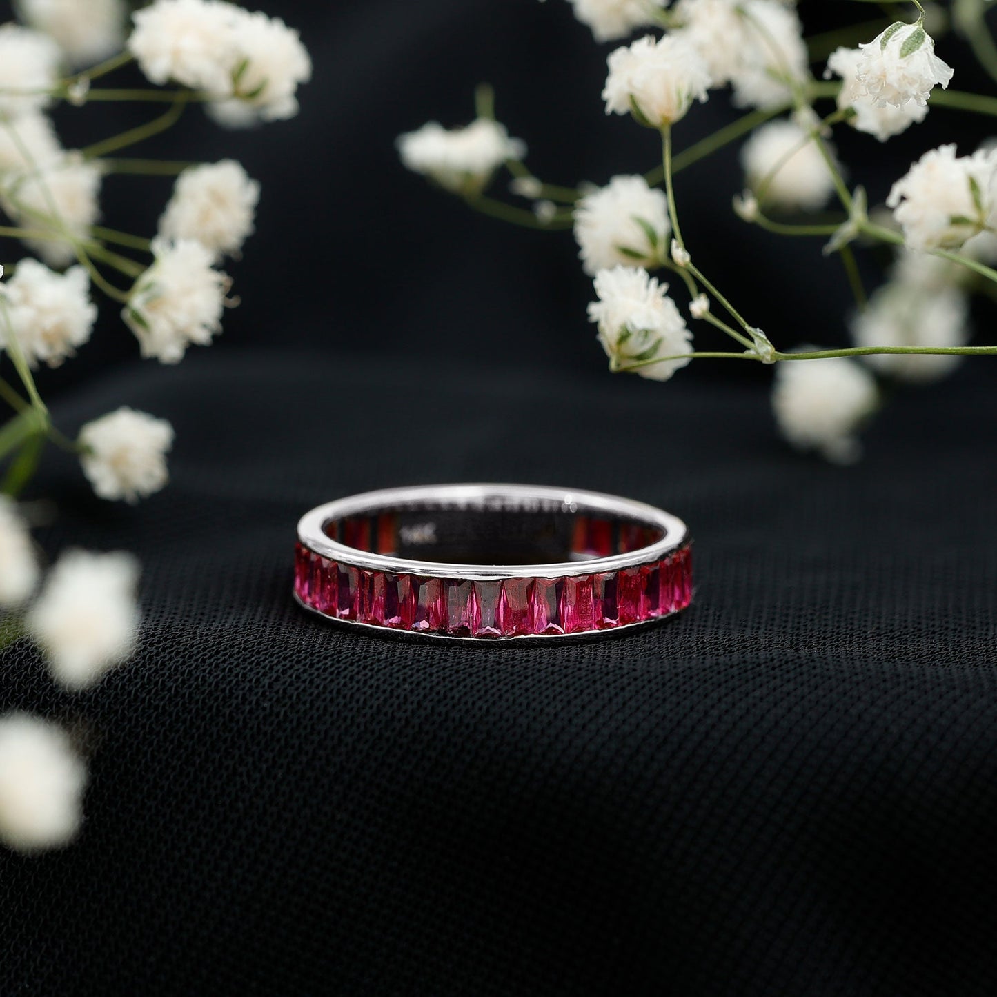 Baguette Shape Lab Grown Ruby Channel Set Eternity Band Ring