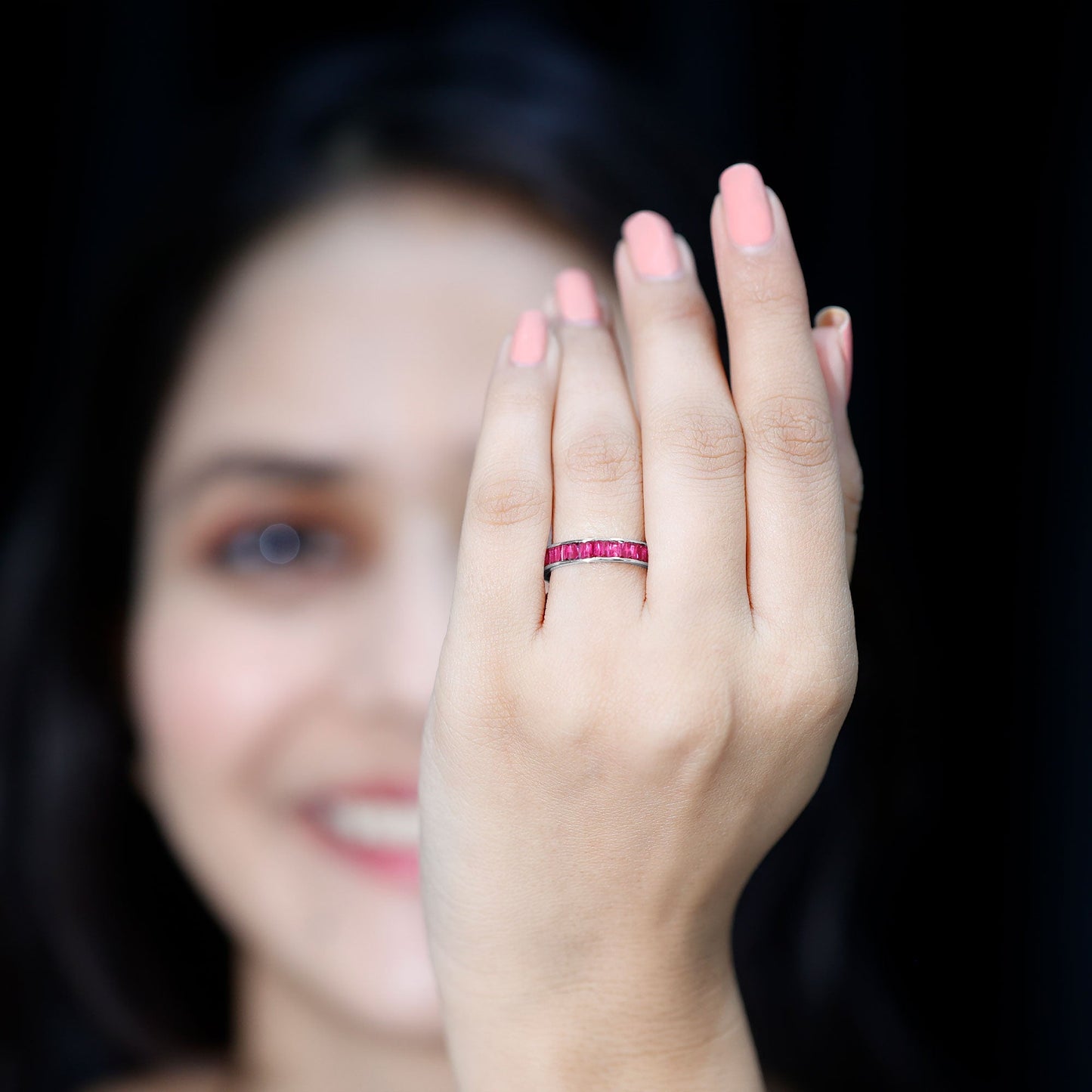 Baguette Shape Lab Grown Ruby Channel Set Eternity Band Ring