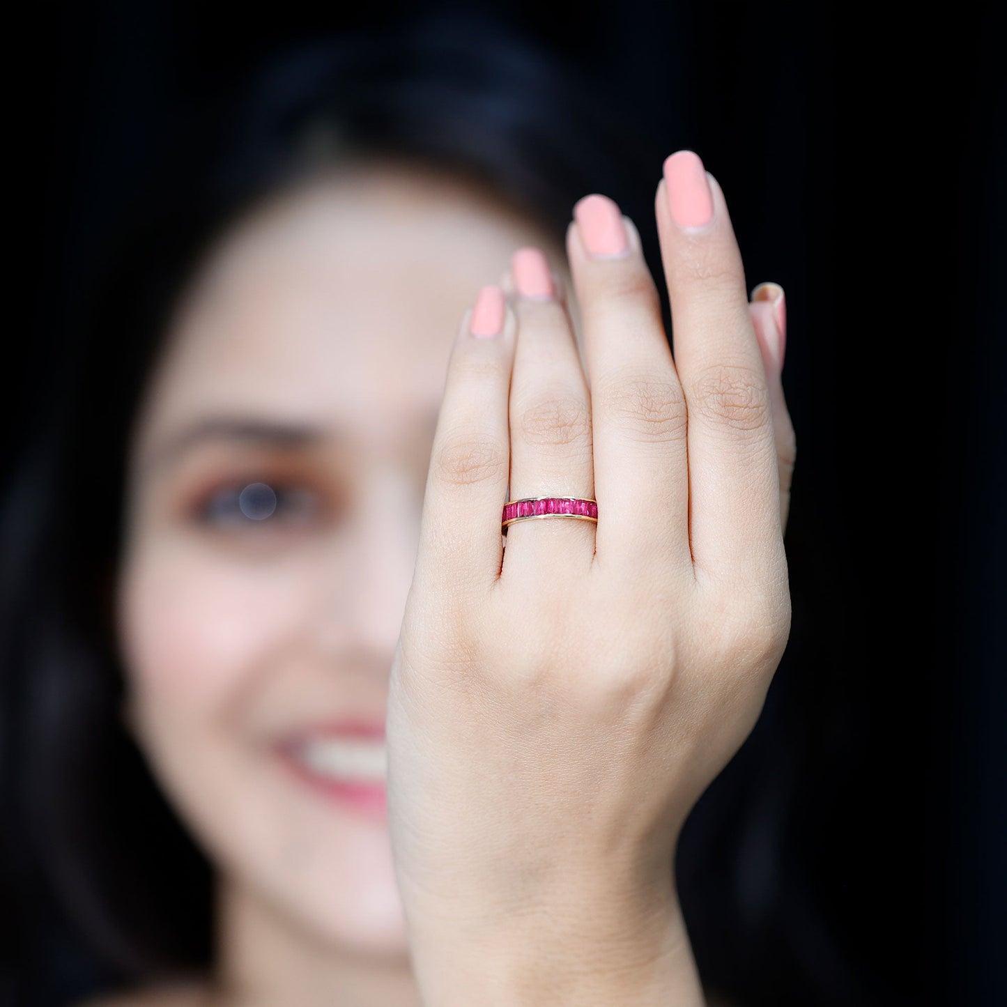 Baguette Shape Lab Grown Ruby Channel Set Eternity Band Ring
