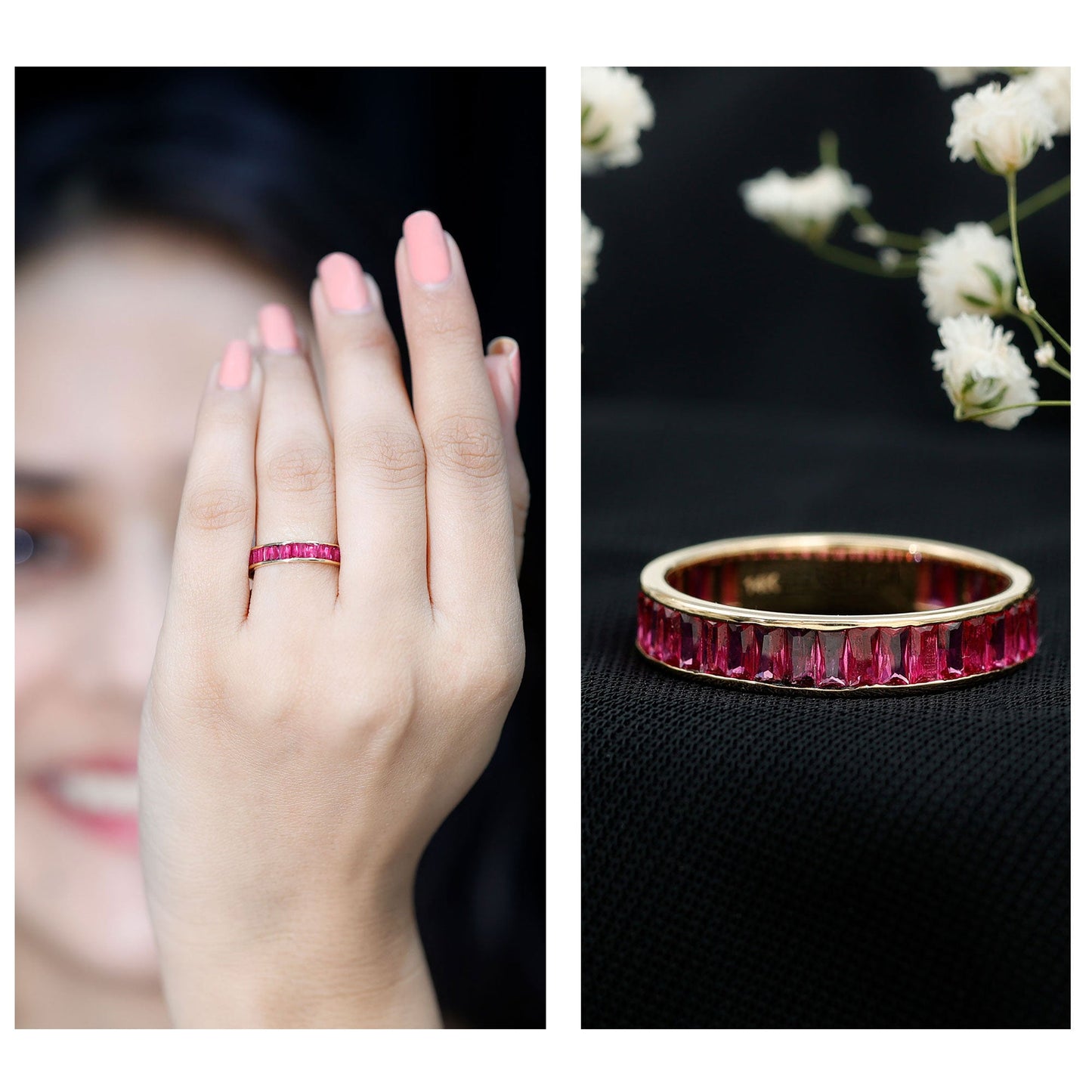 Baguette Shape Lab Grown Ruby Channel Set Eternity Band Ring