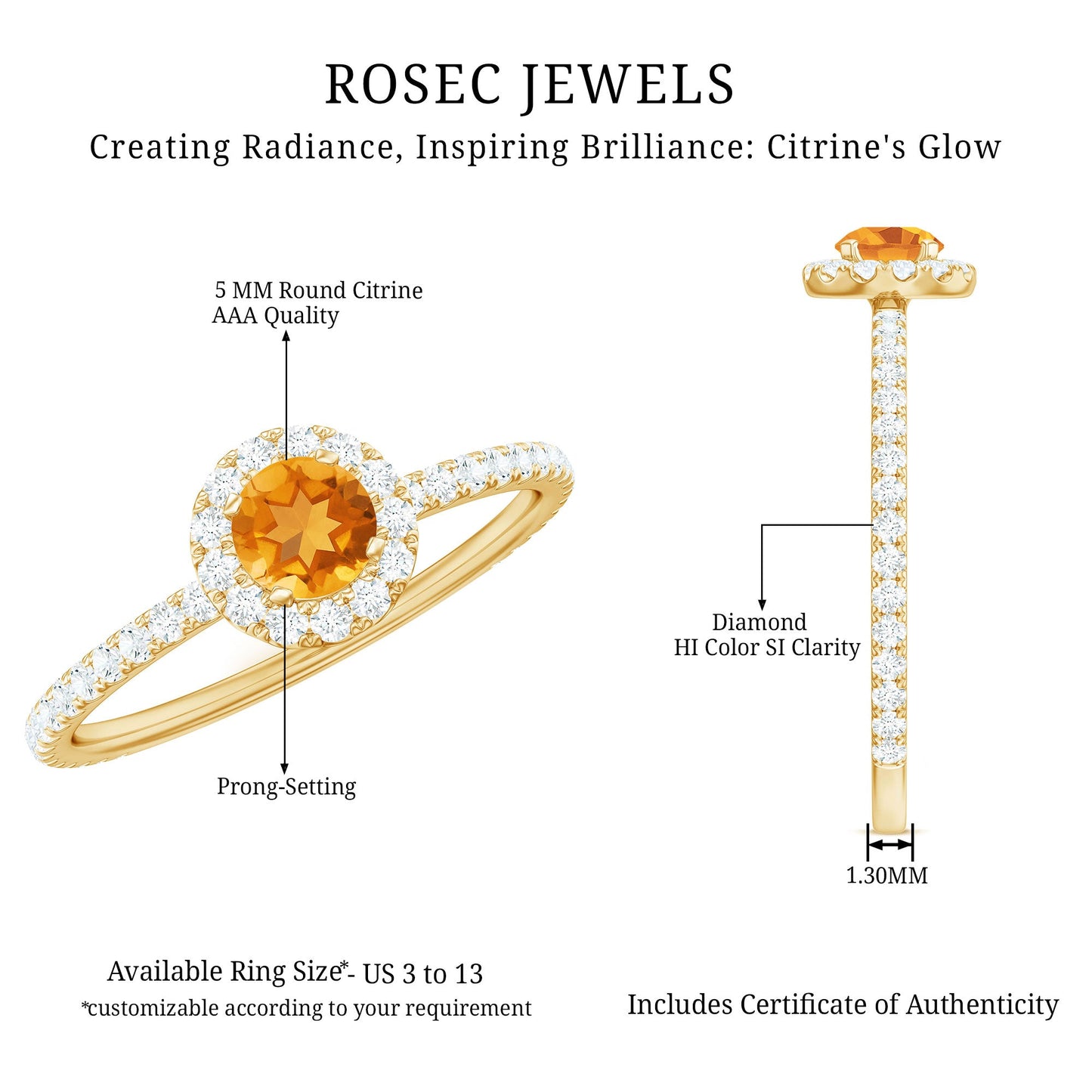 Minimal Citrine Engagement Ring with Diamond Halo