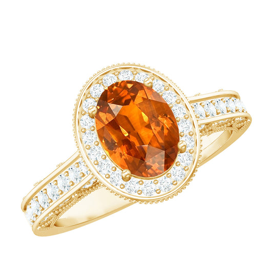 1.5 Carat Lab Grown Orange Sapphire Engagement Ring with Diamond Halo