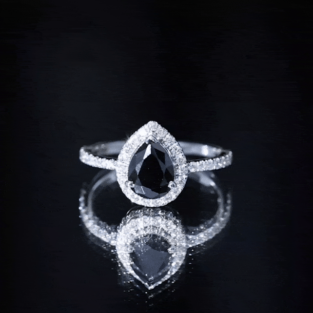 6X8 MM Black Onyx Pear Engagement Ring with Diamond Halo