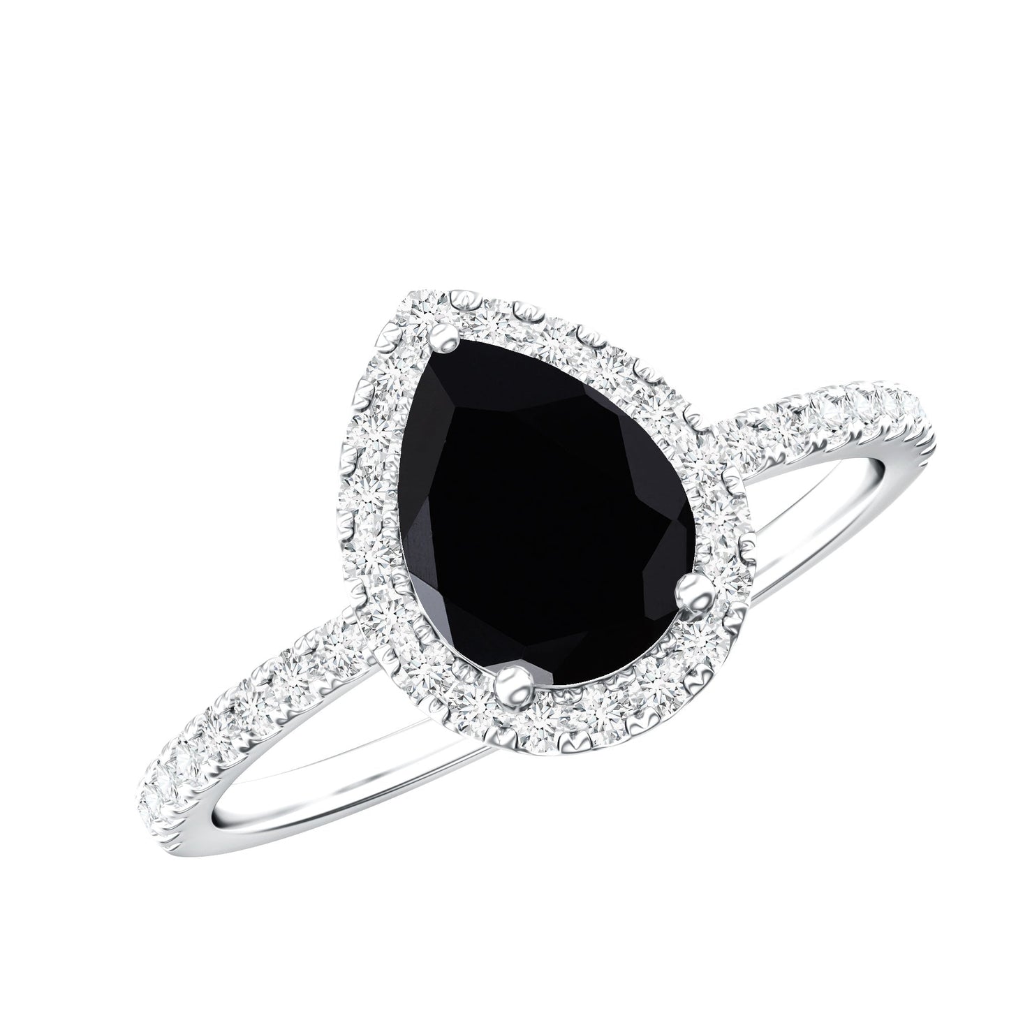 6X8 MM Black Onyx Pear Engagement Ring with Diamond Halo