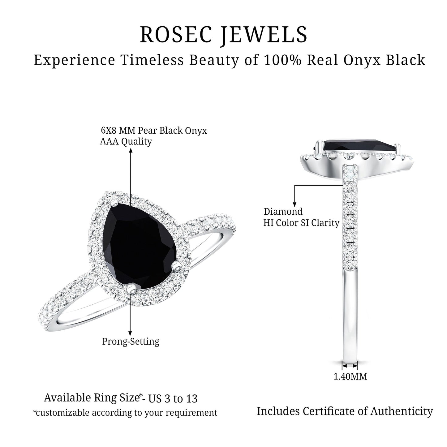 6X8 MM Black Onyx Pear Engagement Ring with Diamond Halo
