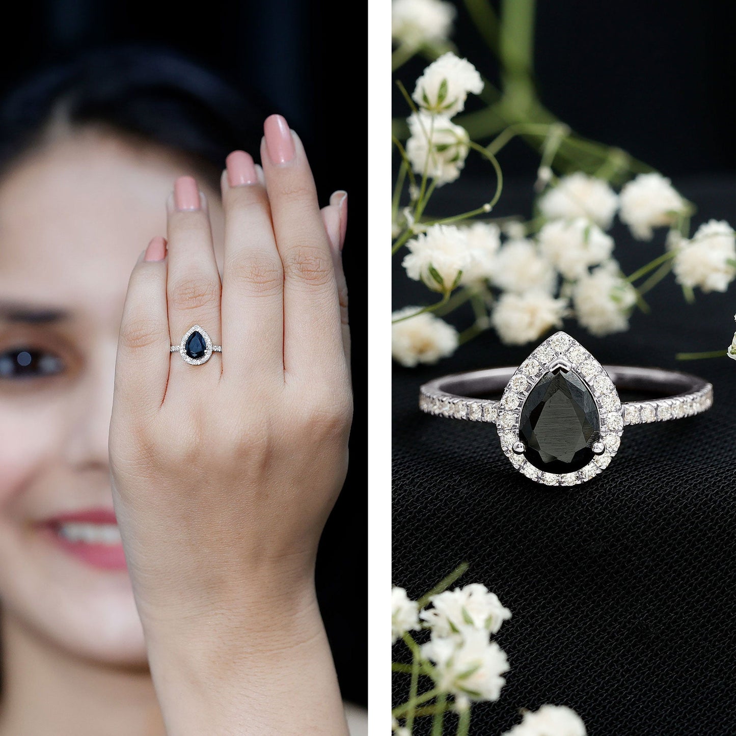 6X8 MM Black Onyx Pear Engagement Ring with Diamond Halo