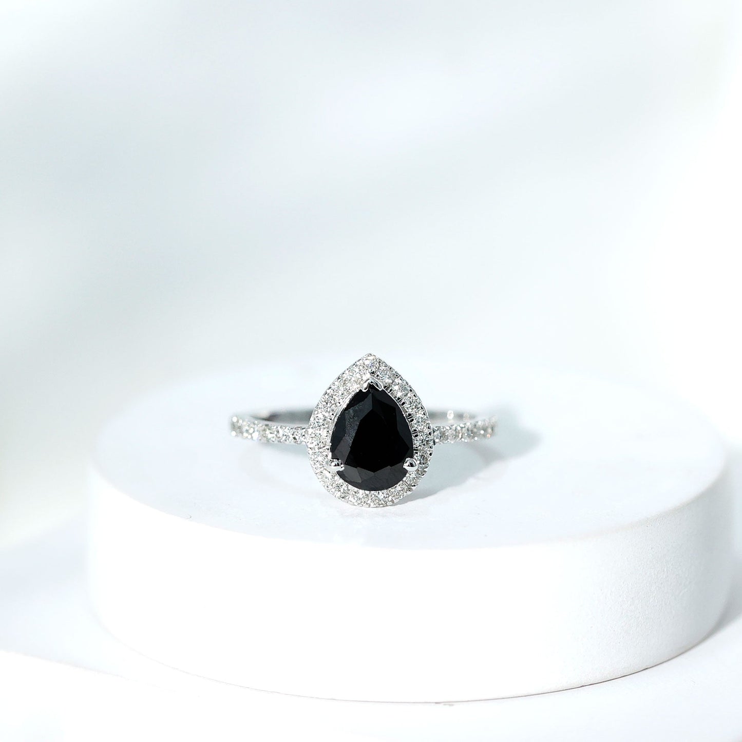 6X8 MM Black Onyx Pear Engagement Ring with Diamond Halo