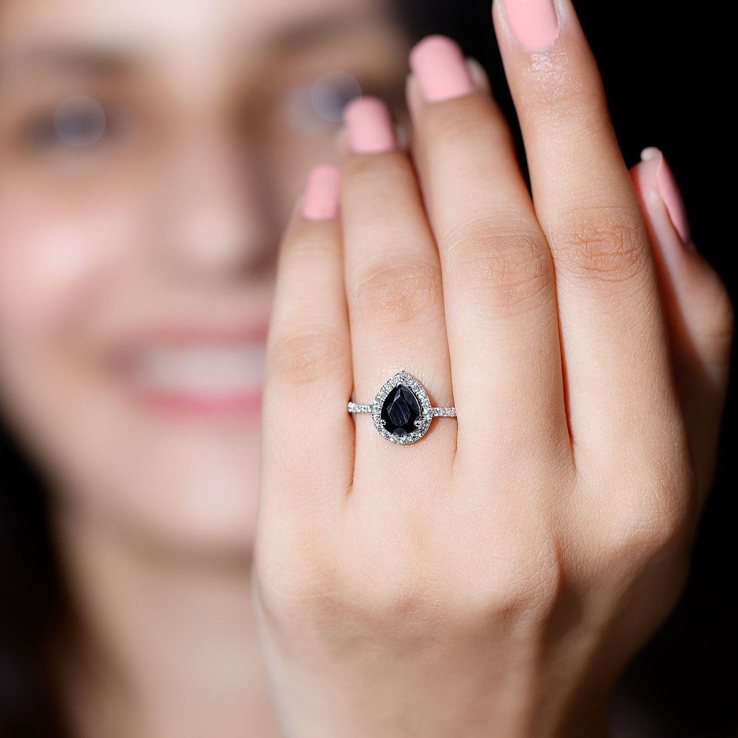 6X8 MM Black Onyx Pear Engagement Ring with Diamond Halo