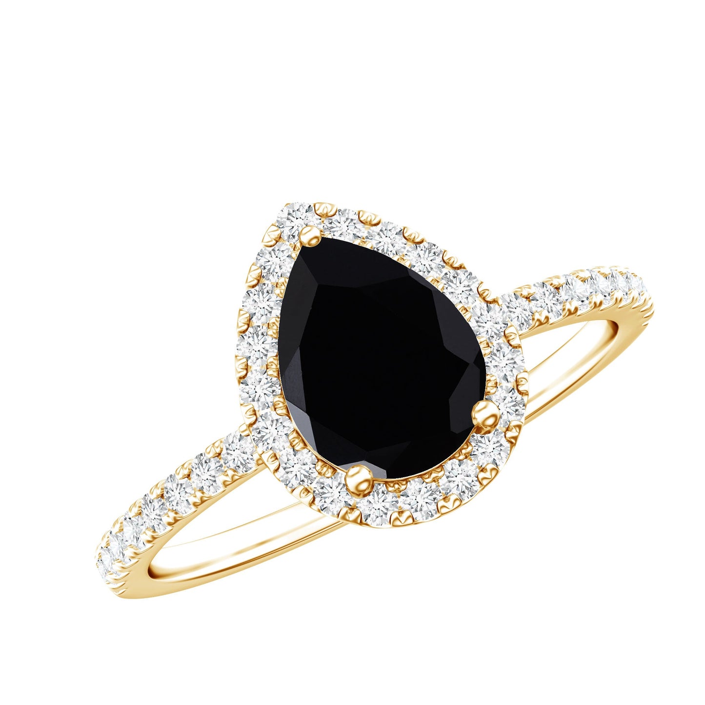 6X8 MM Black Onyx Pear Engagement Ring with Diamond Halo