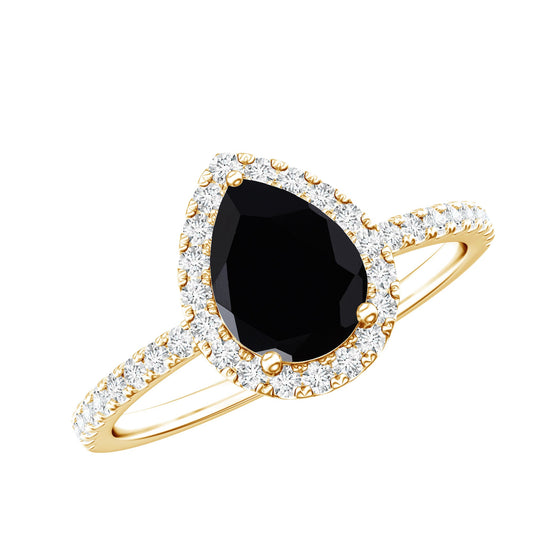 6X8 MM Black Onyx Pear Engagement Ring with Diamond Halo
