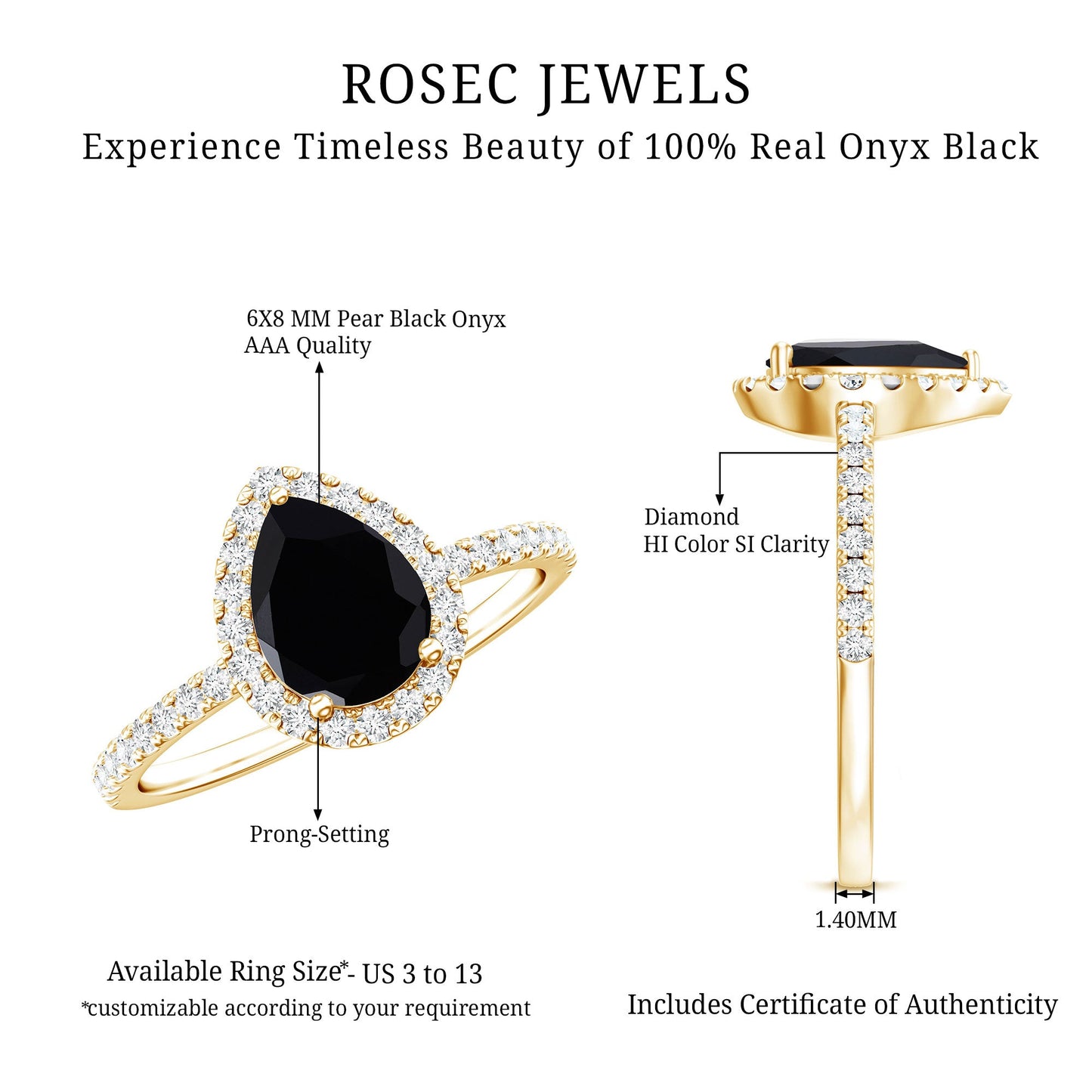 6X8 MM Black Onyx Pear Engagement Ring with Diamond Halo