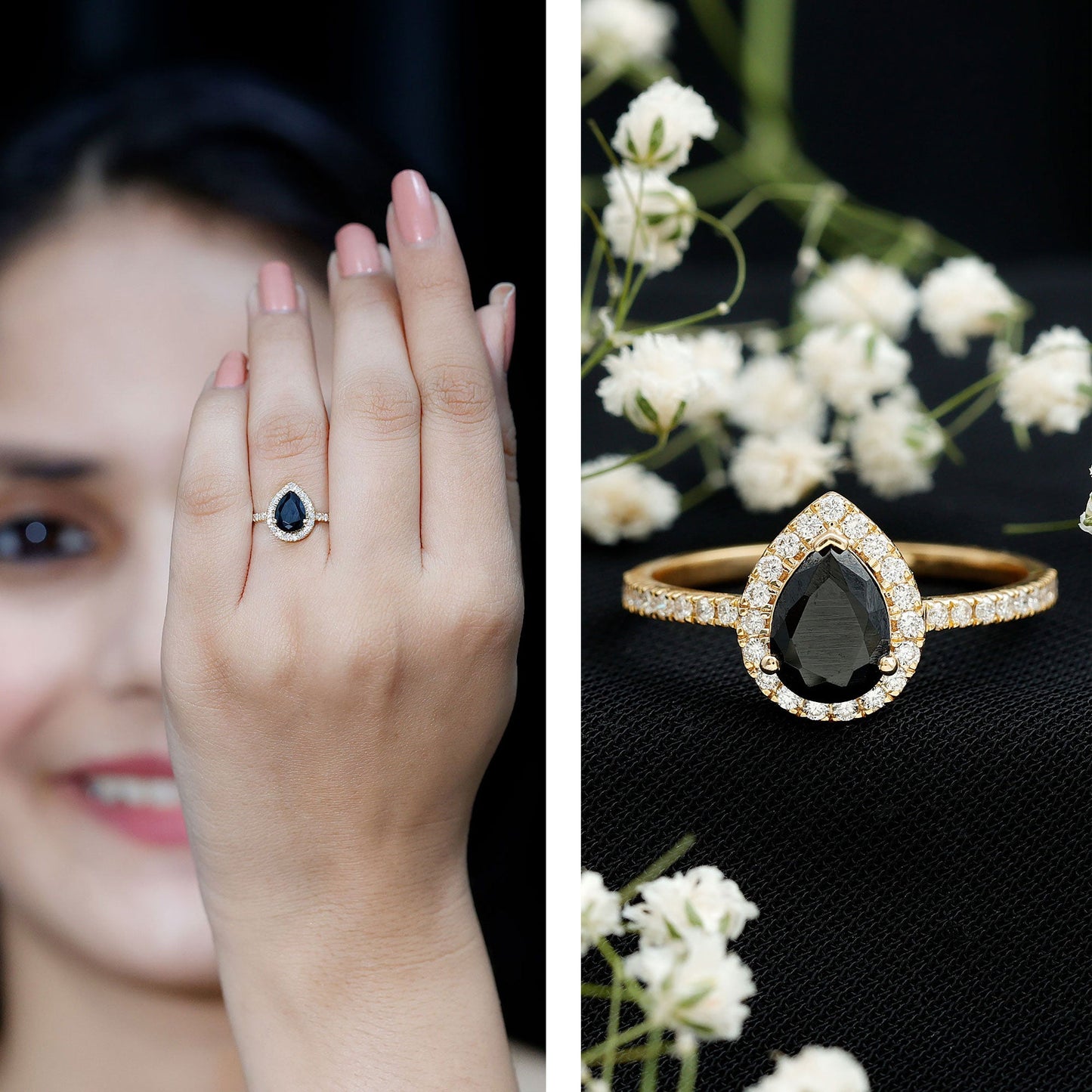 6X8 MM Black Onyx Pear Engagement Ring with Diamond Halo
