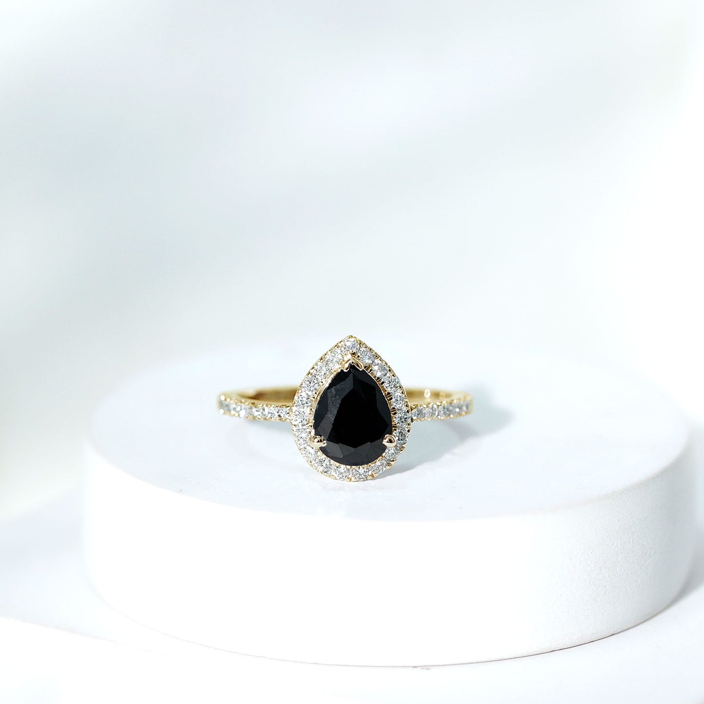6X8 MM Black Onyx Pear Engagement Ring with Diamond Halo